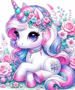 Baby Unicorn And Flowers Diamond Painting