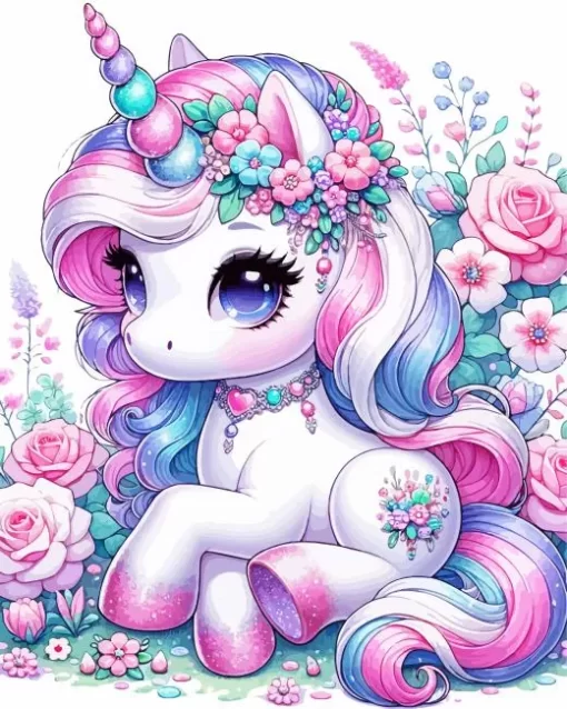 Baby Unicorn And Flowers Diamond Painting