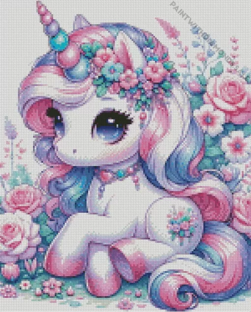 Baby Unicorn And Flowers Diamond Painting