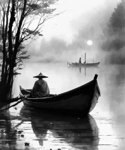 Black And White Lake Boat Diamond Painting