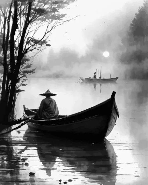 Black And White Lake Boat Diamond Painting