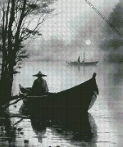 Black And White Lake Boat Diamond Painting