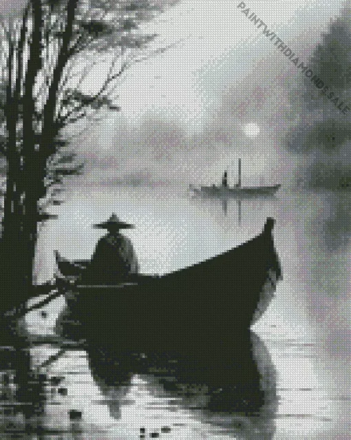 Black And White Lake Boat Diamond Painting