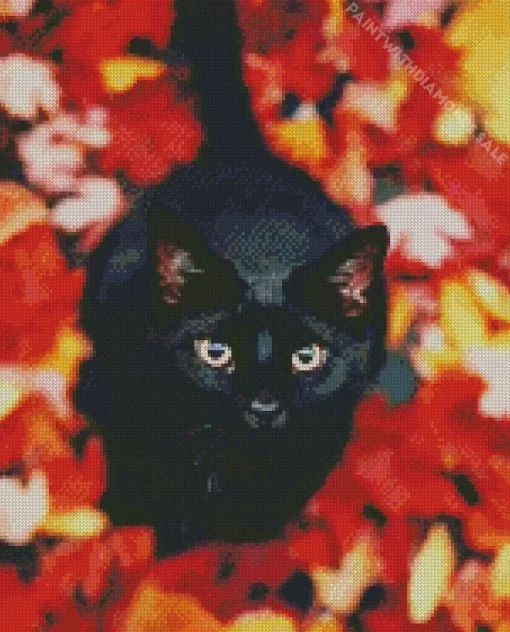 Black Cat In Autumn Leaves Diamond Painting