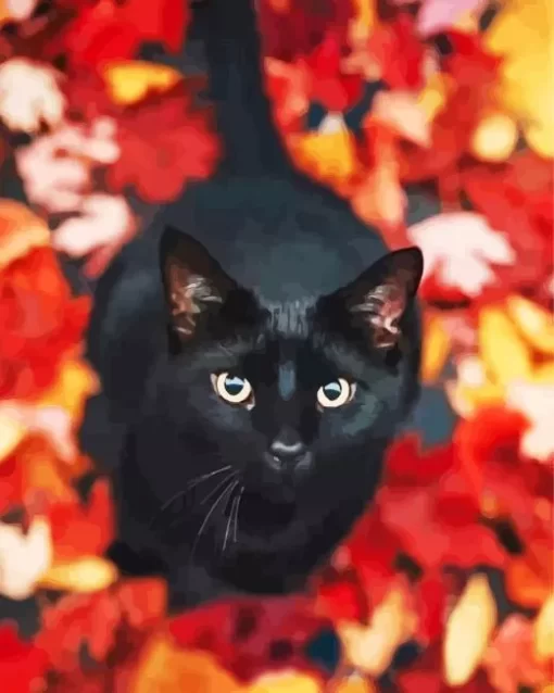 Black Cat In Autumn Leaves Diamond Painting