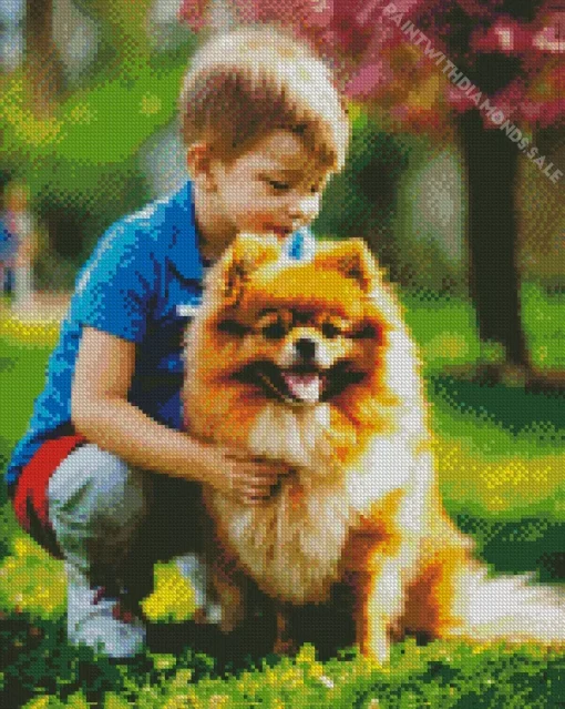 Boy Playing With Pomeranian Diamond Painting