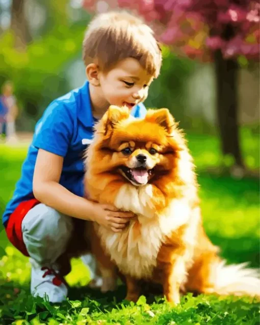 Boy Playing With Pomeranian Diamond Painting