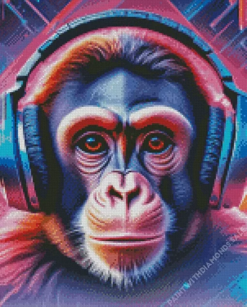 Brown Eyed Monkey With Headphones Diamond Painting