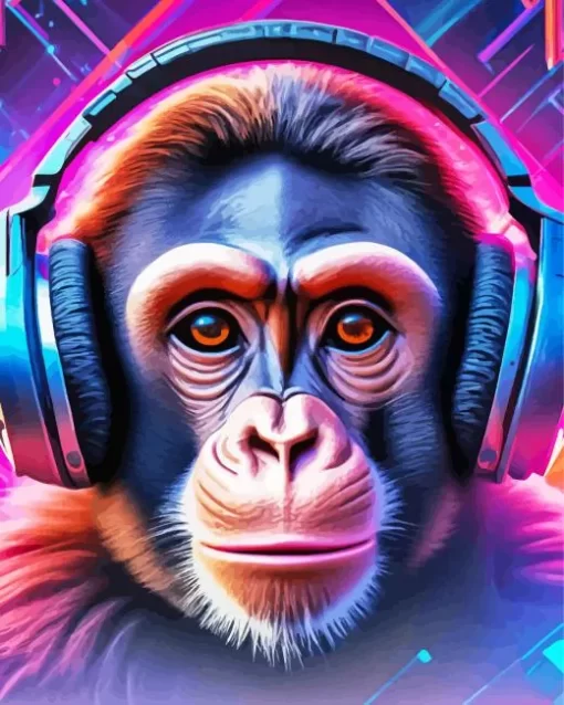 Brown Eyed Monkey With Headphones Diamond Painting