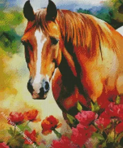 Brown Horse In Pink Flowers Diamond Painting