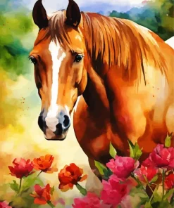 Brown Horse In Pink Flowers Diamond Painting