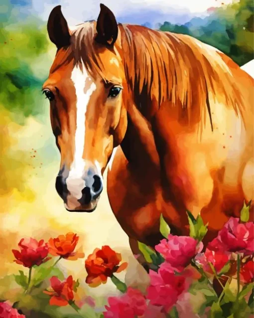 Brown Horse In Pink Flowers Diamond Painting