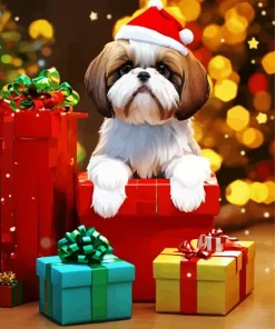 Christmas Shih Tzu With Gifts Diamond Painting