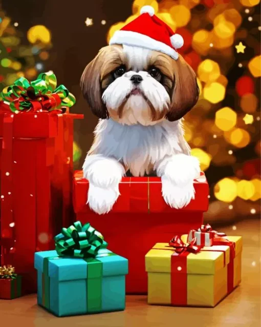 Christmas Shih Tzu With Gifts Diamond Painting