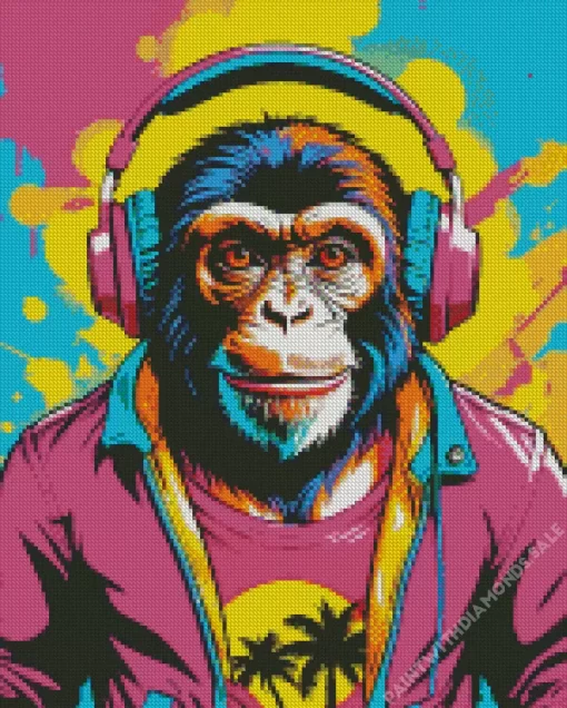 Colorful Monkey With Headphones Diamond Painting