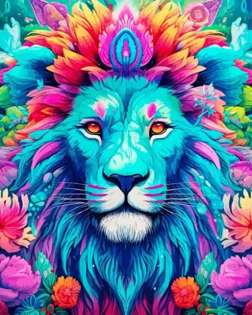 Colorful Lion With Flowers Diamond Painting