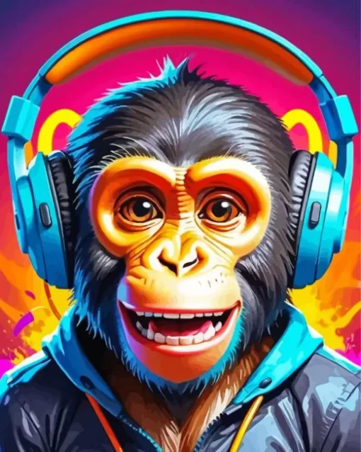 Cute Monkey With Headphones Diamond Painting