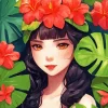 Cute Girl with Monstera Leaves Diamond Painting