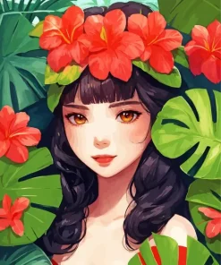 Cute Girl with Monstera Leaves Diamond Painting