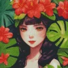 Cute Girl with Monstera Leaves Diamond Painting