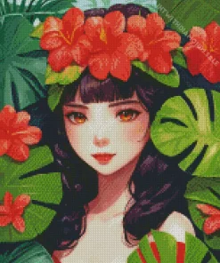 Cute Girl with Monstera Leaves Diamond Painting