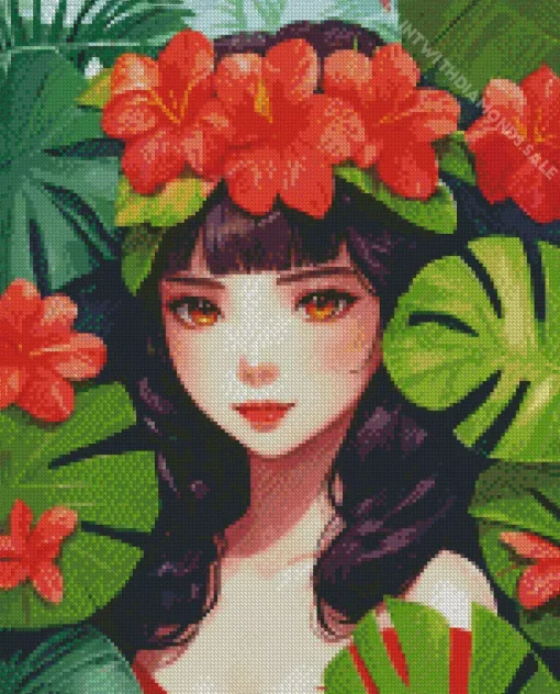 Cute Girl with Monstera Leaves Diamond Painting