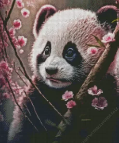 Cute Panda With Cherry Blossoms Diamond Painting