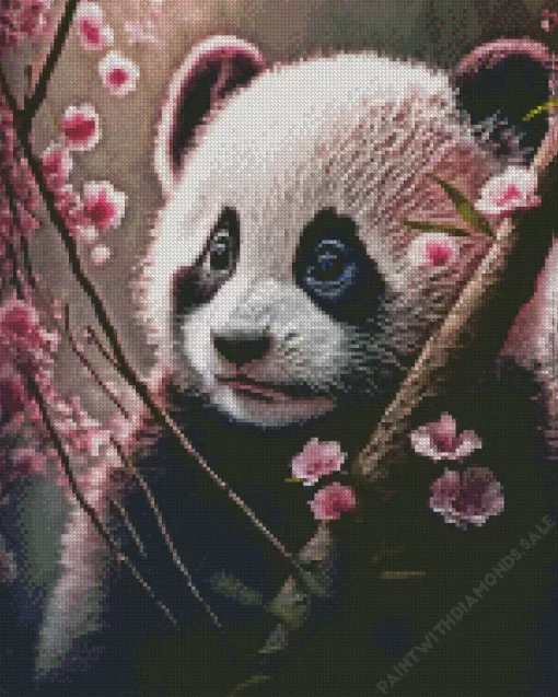 Cute Panda With Cherry Blossoms Diamond Painting