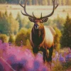 Elk Animal And Purple Flowers Diamond Painting