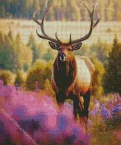 Elk Animal And Purple Flowers Diamond Painting