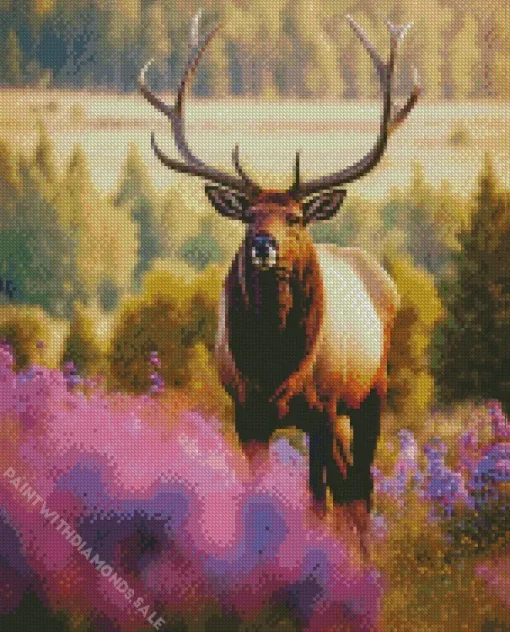 Elk Animal And Purple Flowers Diamond Painting