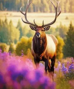 Elk Animal And Purple Flowers Diamond Painting