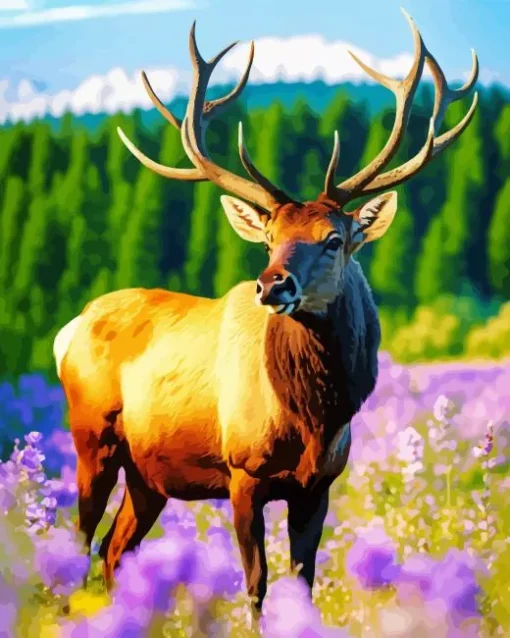 Elk In A Field Of Flowers Diamond Painting