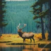 Elk Near Forest Lake Diamond Painting