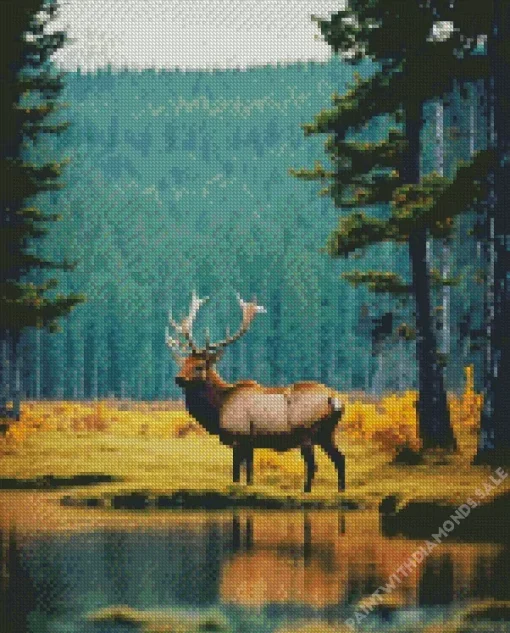 Elk Near Forest Lake Diamond Painting