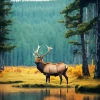 Elk Near Forest Lake Diamond Painting