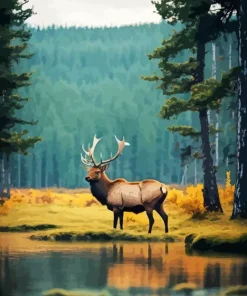 Elk Near Forest Lake Diamond Painting