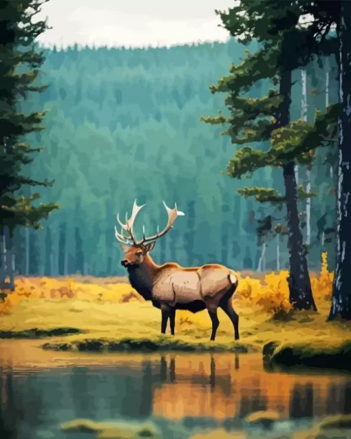 Elk Near Forest Lake Diamond Painting