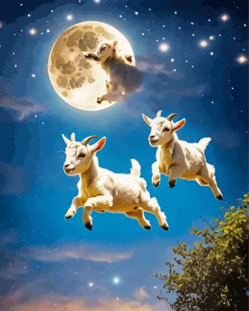 Flying Goats With Full Moon Diamond Painting