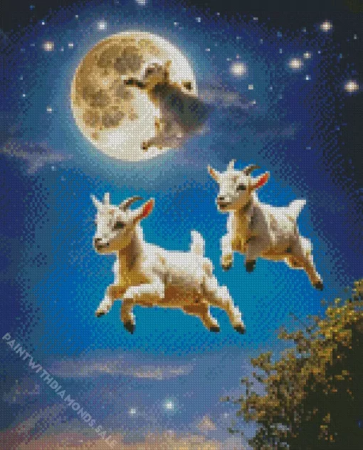 Flying Goats With Full Moon Diamond Painting