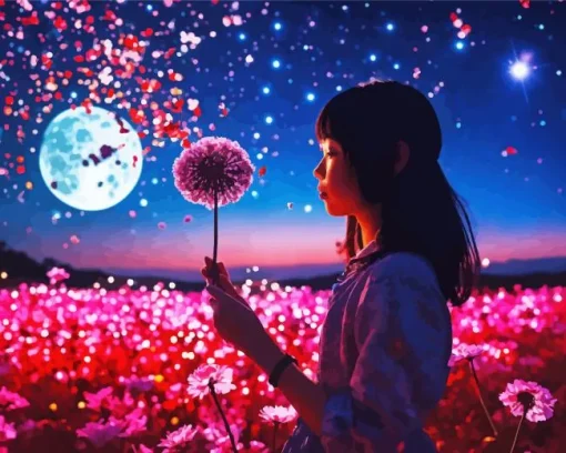 Girl Blowing Dandelion Petals Diamond Painting