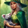 Green Witch Girl With Koala Diamond Painting