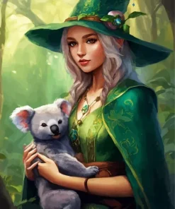 Green Witch Girl With Koala Diamond Painting