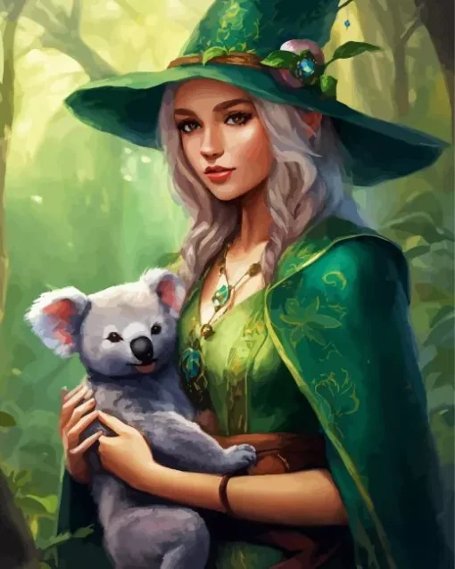 Green Witch Girl With Koala Diamond Painting