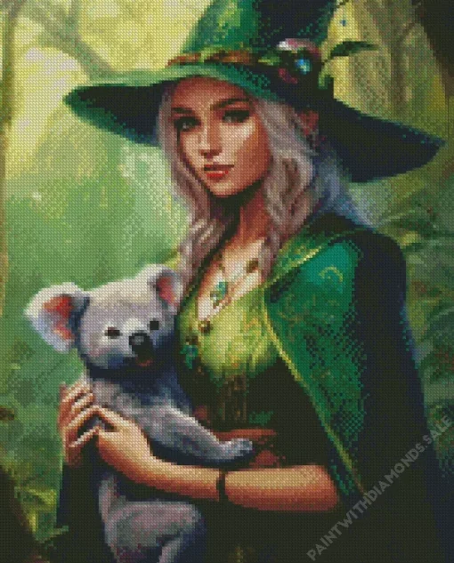 Green Witch Girl With Koala Diamond Painting