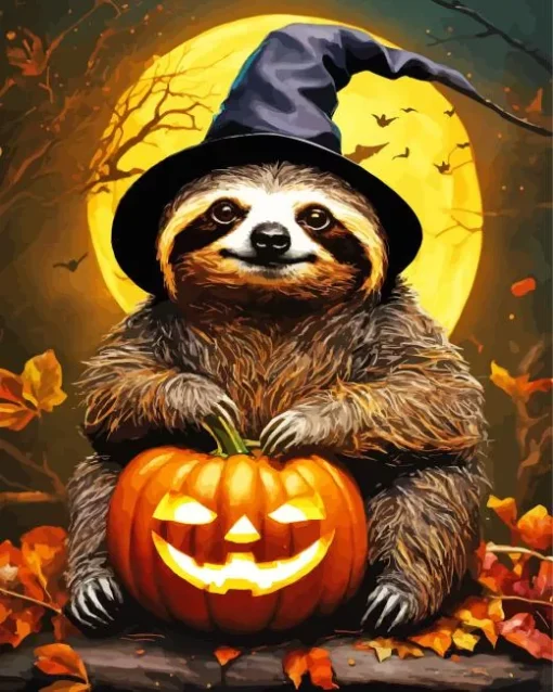 Halloween Sloth With Pumpkin Diamond Painting