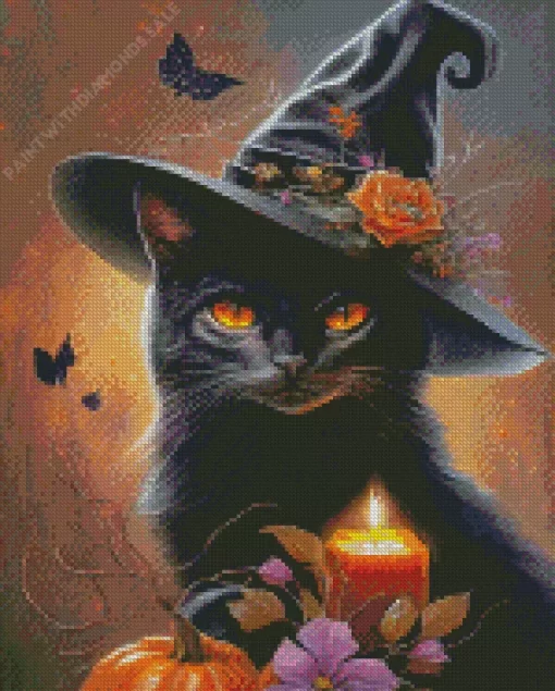 Halloween Black Cat With Witch Hat Diamond Painting