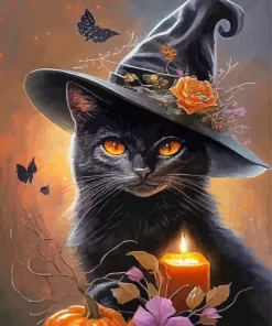 Halloween Black Cat With Witch Hat Diamond Painting