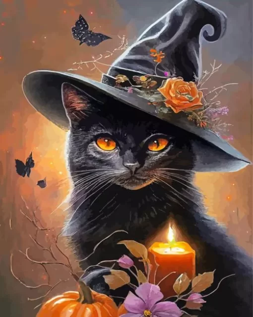 Halloween Black Cat With Witch Hat Diamond Painting