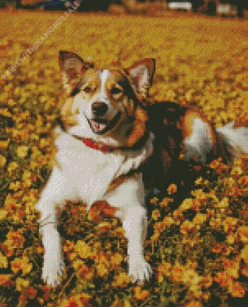 Happy Border Collie In Yellow Flowers Diamond Painting